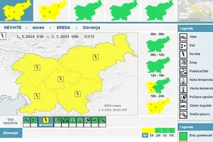 Arso je za sredo in četrtek za celotno Slovenijo izdal rumeno opozorilo, saj so po celi državi možne nevihte