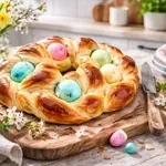 Tradicionalna velikonočna pletenica z barvanimi jajci, okusna in prelepa