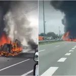 FOTO/VIDEO Stravična nesreća: Kamion probio ogradu, zabio se u dalekovod i zapalio. Strahuje se da ima poginulih