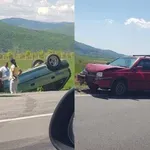 Кола се обърна по таван в нива след катастрофа в Карловско