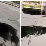 На косъм от бедствие! Път пропадна след преминаване на такси (ВИДЕО)