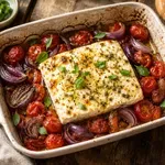 Pečena feta z medom, češnjevimi paradižniki in origanom
