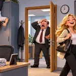 Blondinka v pisarni in dva sodelavca